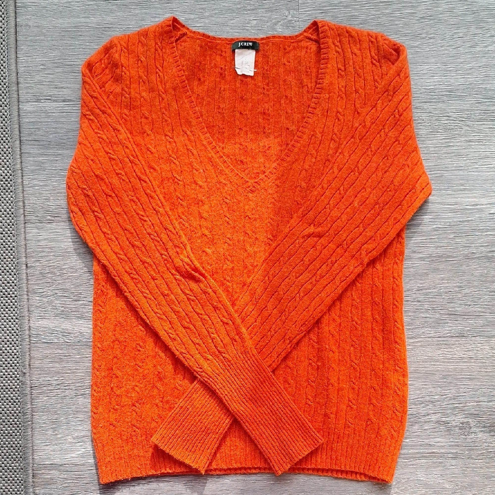 J Crew V Neck Cable Knit Sweater | Wool Cashmere | Small | Orange
